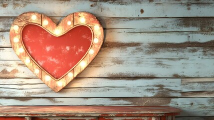 Heart-shaped light sign on rustic wooden wall.