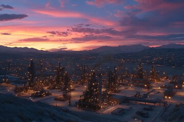 Industrial Landscape at Dusk with Reflections of Colorful Sunset Over Oil Refinery and Tank Storage Facilities Amidst Mountains