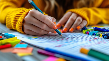 A close-up shot of a woman's hands writing and taking notes on a sheet with graphs and study annotations at home emphasizes the dedication to work and learning
