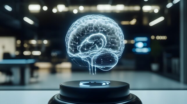 Holographic brain model displayed on a pedestal in a modern, blurred office setting.