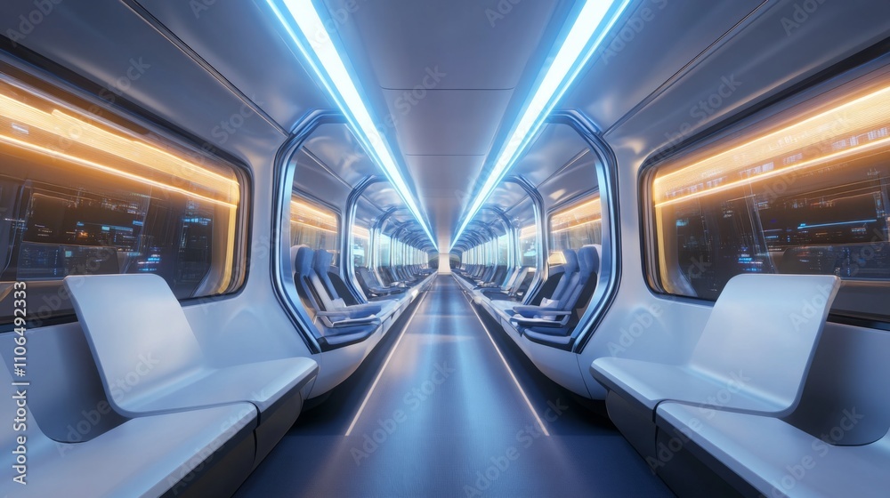 Poster inside a modern electric transport vehicle, sleek seating and glowing led lights create a ambient sp