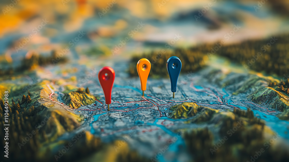 Leinwandbilder A detailed map displaying a specific location marked with two vibrant pins, symbolizing the starting and destination points in a GPS navigation system used for efficient route planning and guidance