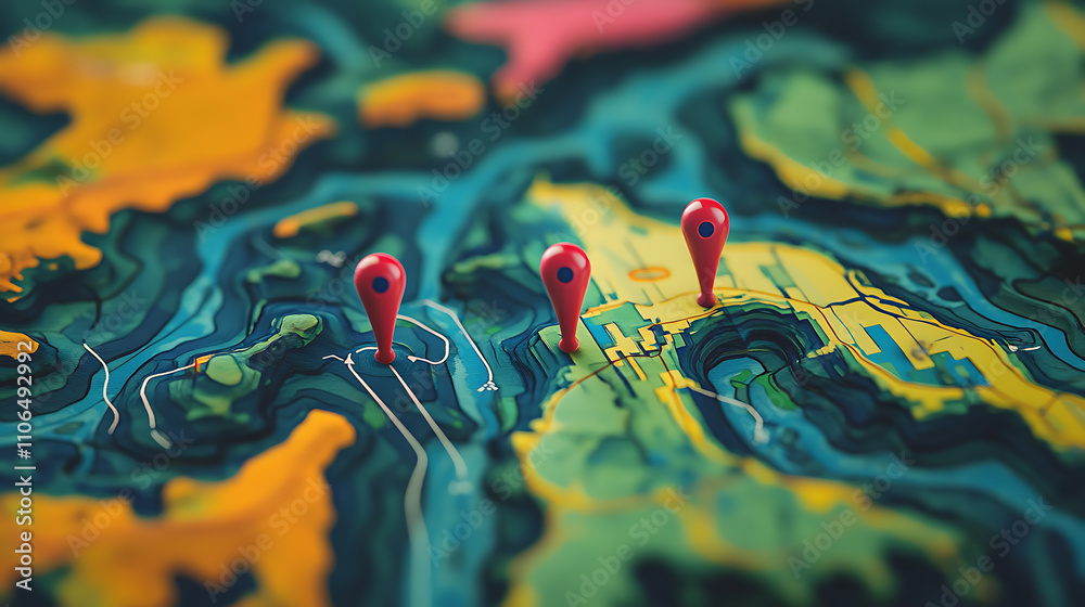 Poster A detailed map displaying a specific location marked with two vibrant pins, symbolizing the starting and destination points in a GPS navigation system used for efficient route planning and guidance