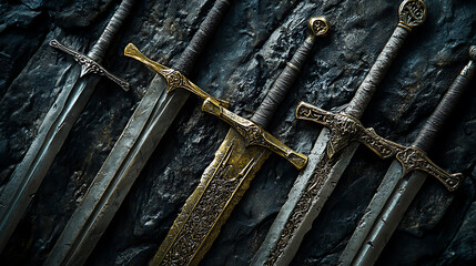 A close-up background showcasing metal knight swords, embodying the concept of knights