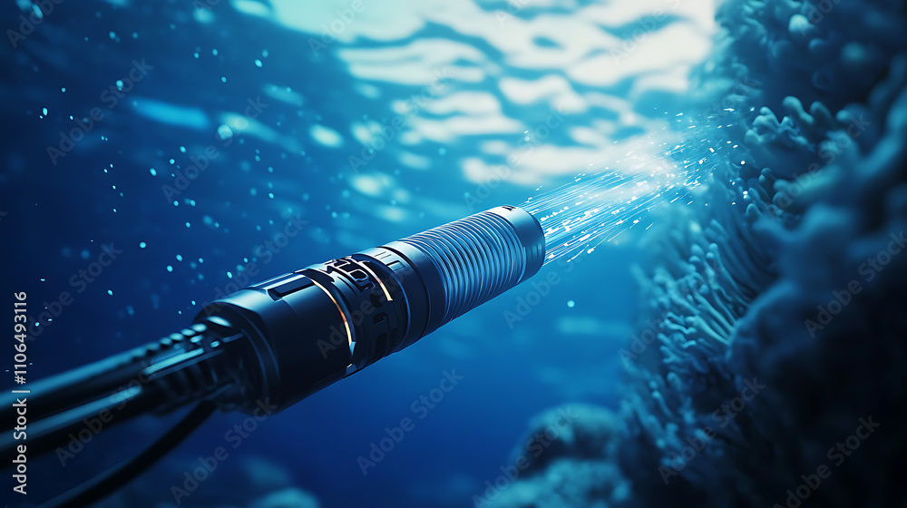 Poster a high-tech submarine fiber-optic cable used for global underwater communication, transmitting data 