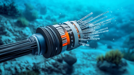 A high-tech submarine fiber-optic cable used for global underwater communication, transmitting data across oceans with high-speed internet connectivity