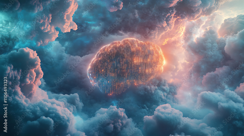 Poster A digital brain floats within a cloud of numerical information, illustrating the concepts of Big Data and artificial intelligence
