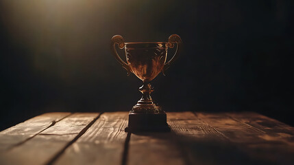 A wooden table with a dark background and a champion golden trophy ready for your design-win concept