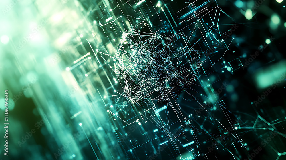 Fototapete An abstract depiction of artificial intelligence is presented against a technological web background, illustrating the virtual concept