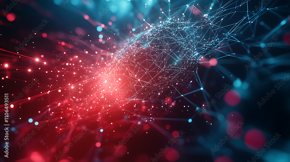 Poster An abstract depiction of artificial intelligence is presented against a technological web background, illustrating the virtual concept
