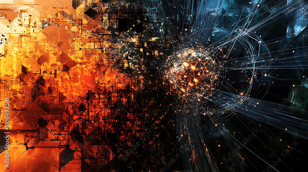 Poster An abstract representation of neural technology and artificial intelligence, showcasing the concept of machines learning and evolving by processing vast amounts of big data