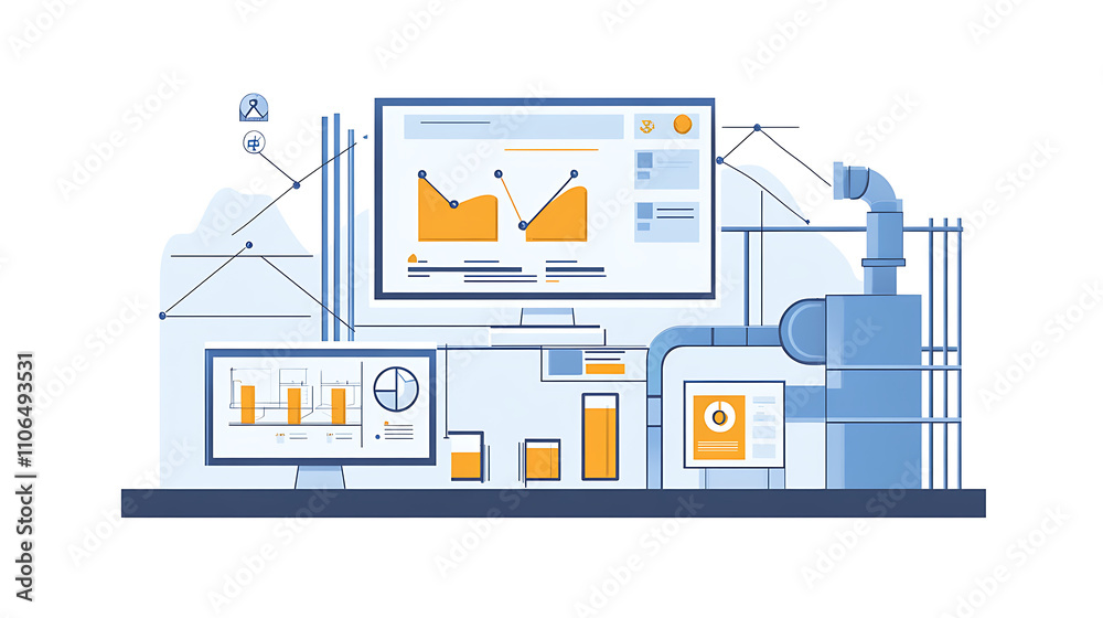 Poster An illustration of business process automation concept, showcasing graphs for distribution analysis and consumption monitoring in a high-tech digital environment