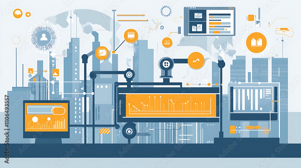 Poster An illustration of business process automation concept, showcasing graphs for distribution analysis and consumption monitoring in a high-tech digital environment