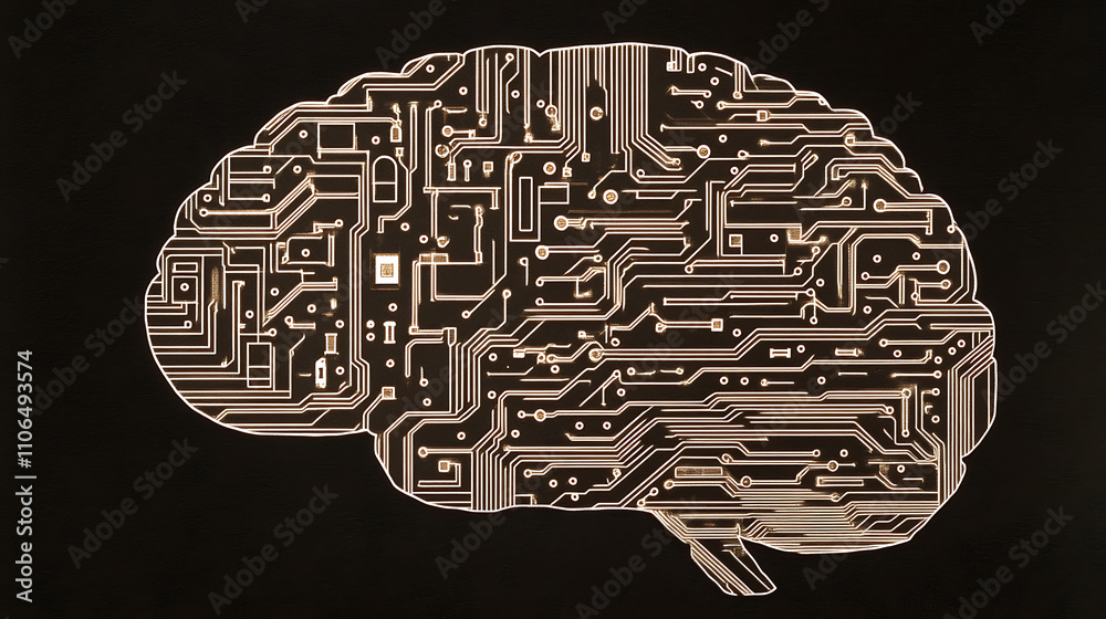 Poster An outline top-view illustration depicts a circuit board shaped like a brain, representing the cyber brain concept and serving as an icon for artificial intelligence