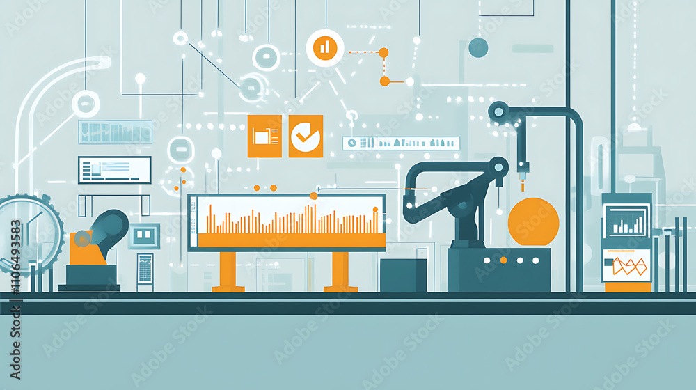 Poster An illustration of business process automation concept, showcasing graphs for distribution analysis and consumption monitoring in a high-tech digital environment