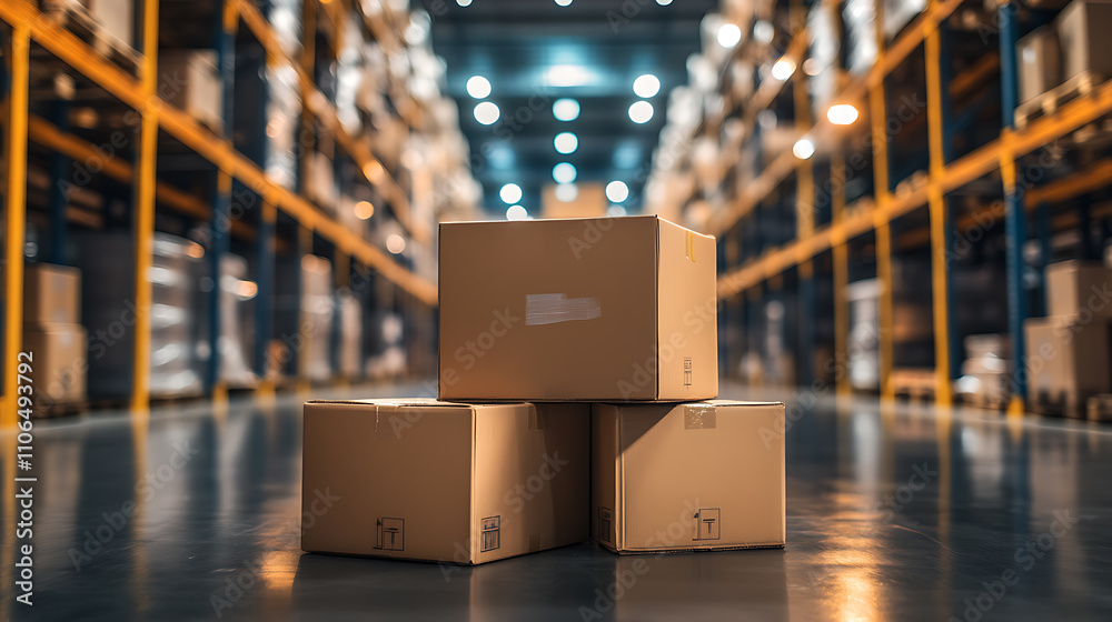 Poster Blur warehouse background, Blurred store factory, industry warehouse space and hardware box for delivery with bokeh light background, business logistic distribution storage cargo concept