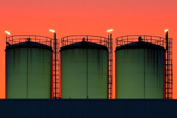 Obraz premium Industrial Storage Tanks Silhouetted Against Vibrant Sunset Sky with Warm Hues Casting Rich Shadows and Highlighting Structural Elements of Manufacturing Facility