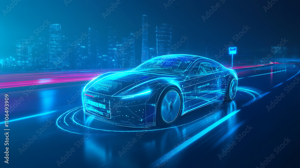 Aufkleber A blue-toned image depicts a smart car in autonomous mode on city roads, featuring a HUD and integrating IoT technology with graphic sensor radar signals and internet connectivity