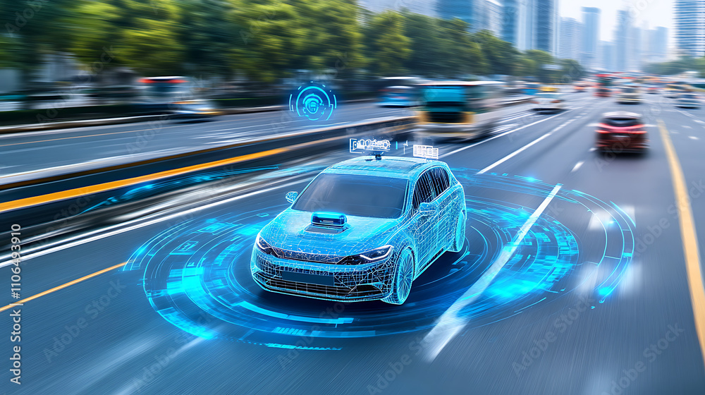Poster a blue-toned image depicts a smart car in autonomous mode on city roads, featuring a hud and integra