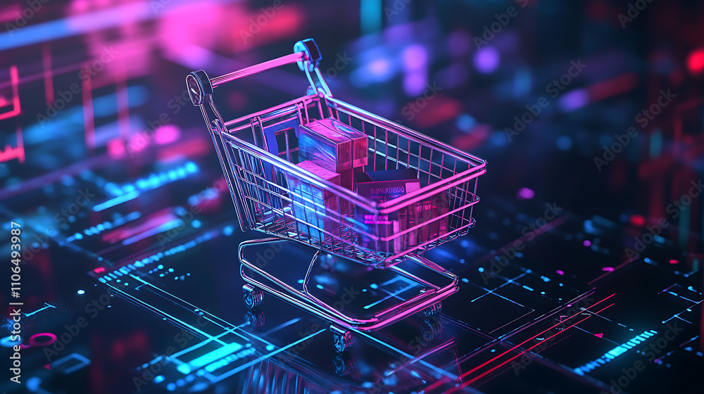 Aufkleber A digital representation of online shopping and e-commerce, showcasing a user making purchases over the internet with a cart filled with products