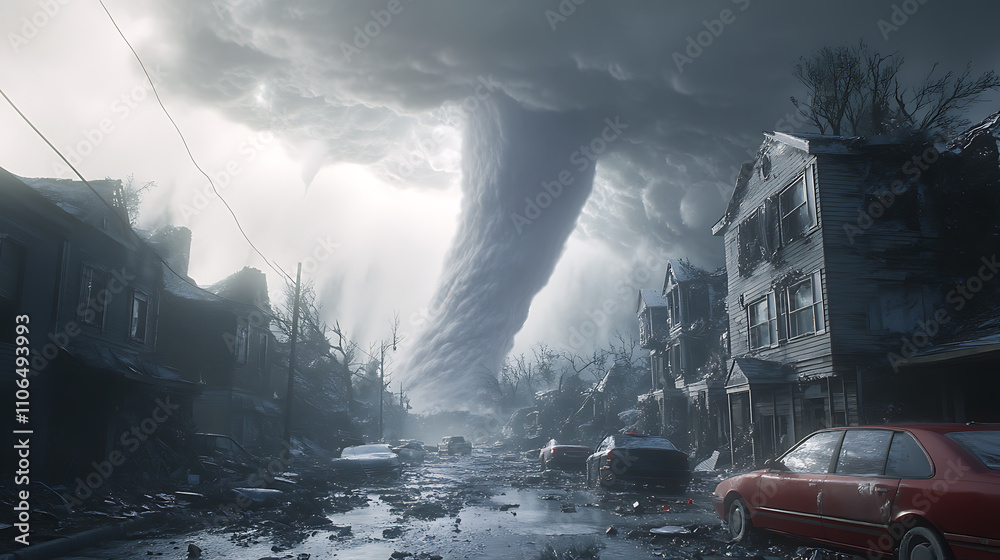 Poster a massive storm generating a tornado, resulting in devastation, illustrated in 3d