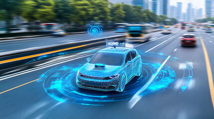 Obraz premium A blue-toned image depicts a smart car in autonomous mode on city roads, featuring a HUD and integrating IoT technology with graphic sensor radar signals and internet connectivity