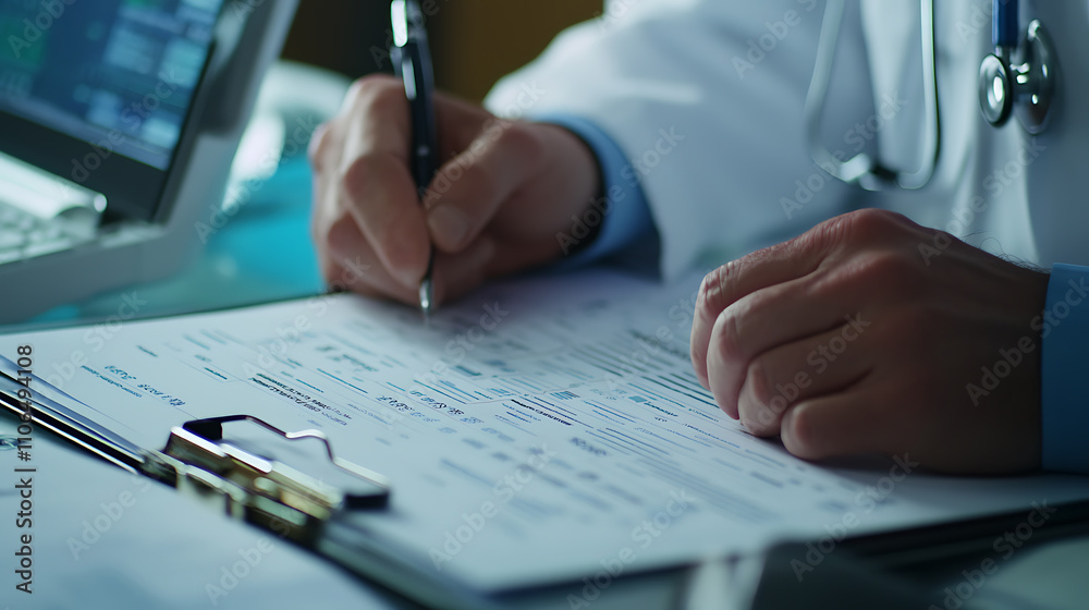 Aufkleber a medical practitioner reviews comprehensive medical data on paper that has been enhanced with digit
