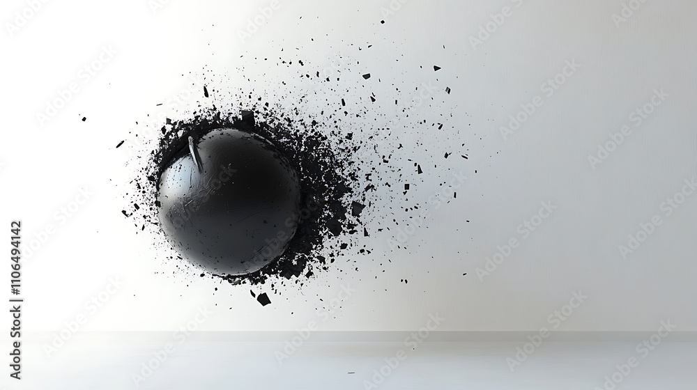 Poster a three-dimensional rendering showing a black wrecking ball swinging and colliding into a wall again