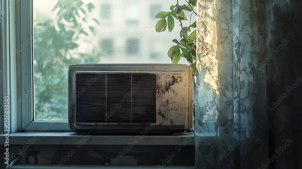 Poster a neglected, dusty air conditioning unit in need of hvac maintenance, including thorough cleaning an