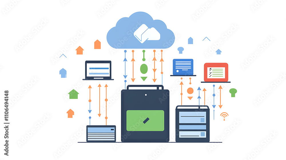 Poster Cloud storage technology, with arrows indicating data transfer for downloading and uploading files to a secure online server