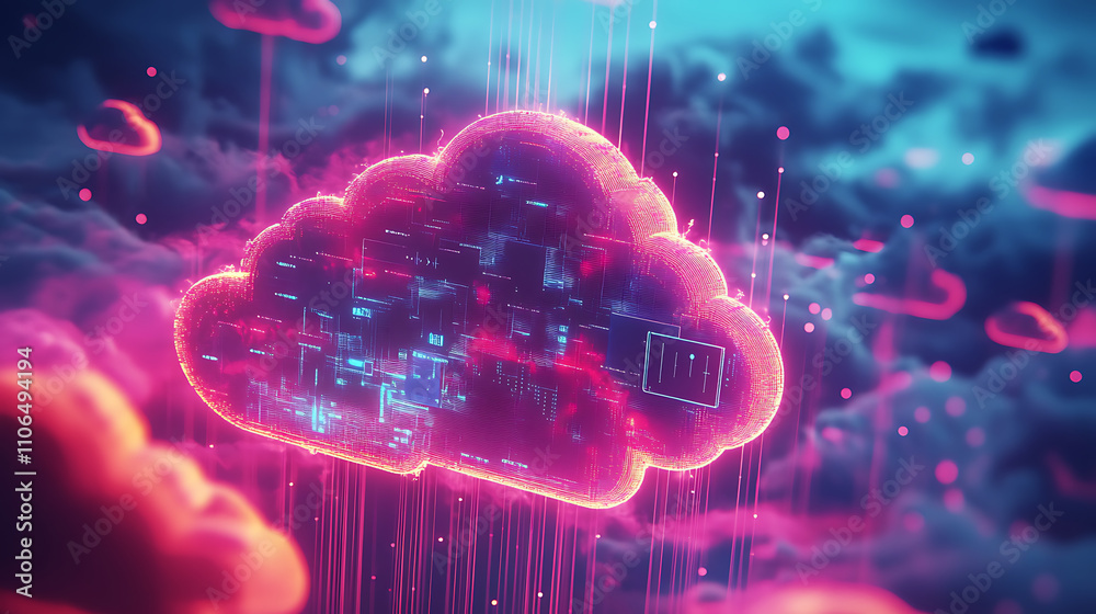 Aufkleber Cloud computing concept, showcasing file upload and storage symbols, representing business automation, digital transformation, and modern data management solutions