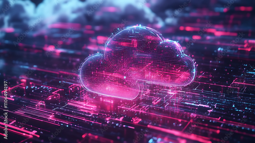 Poster Cloud computing concept, showcasing file upload and storage symbols, representing business automation, digital transformation, and modern data management solutions