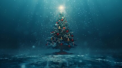 Illuminated Christmas tree in snowy scene.