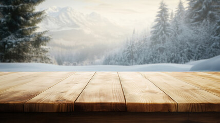 Empty copy space wooden minimalist table placed outdoors with winter panorama in the background