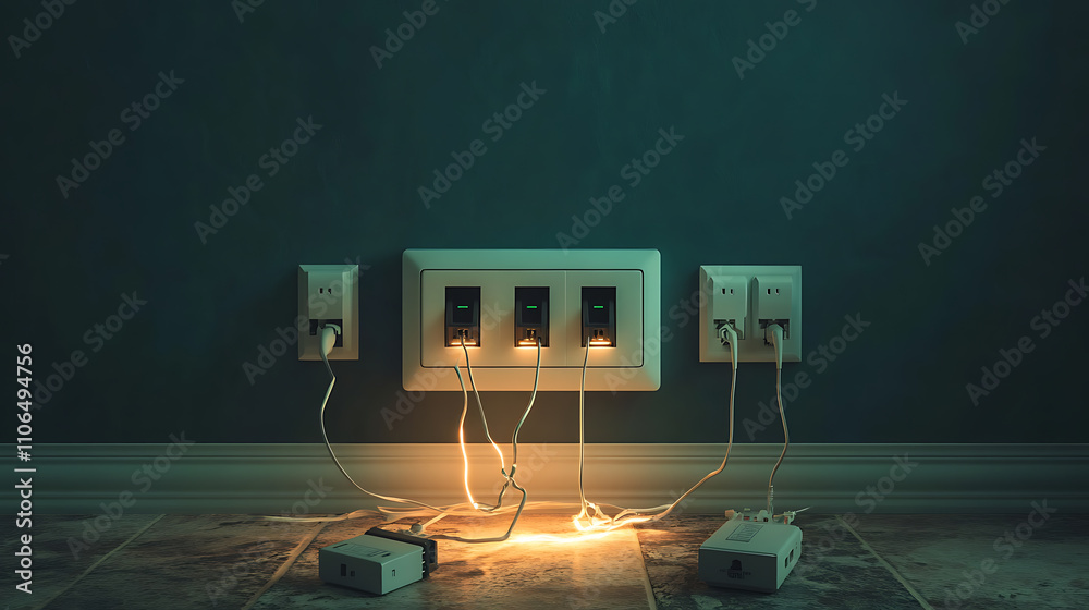Poster an overloaded socket with too many plugs, illustrating the danger of using excessive electricity