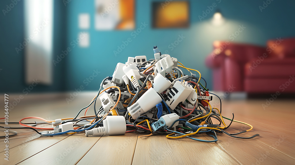 Poster an overloaded socket with too many plugs, illustrating the danger of using excessive electricity