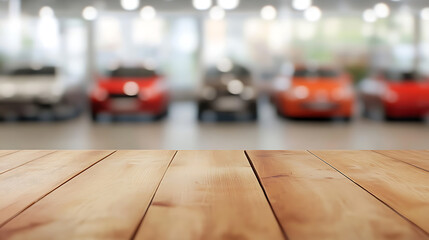 Obraz premium Empty wood table top with cars in showroom blurred defocused background