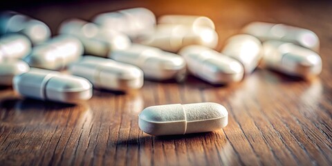 Close-up of barbiturate pills on a table , medication, sedative, tranquilizer, addiction, dependence, overdose