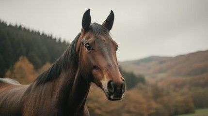 Obraz premium Majestic horse stands proudly in a misty forest nature photography serene landscape close-up view equine beauty