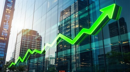 Business green rendering arrow representing environmental growth and sustainability trends on a modern glass building, symbolizing green progress and green business initiatives.
