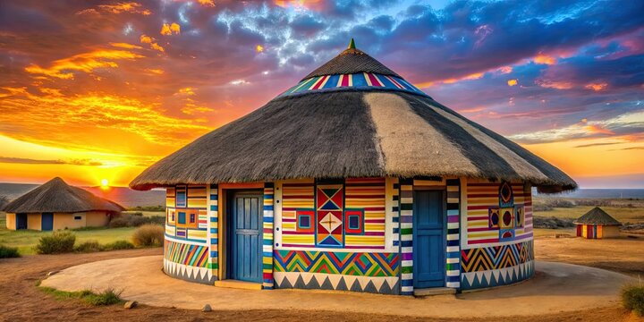 Colorful Ndebele hut in South African plains at sunset , traditional, vibrant, colorful, Ndebele, hut, South Africa