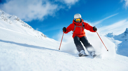 skier in orange jacket gracefully descends snowy slope under bright blue sky, showcasing thrill of winter sports.
