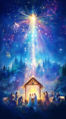 Christmas, birth baby Jesus celebrate, Mary watch over him in manger surround, people,  bright star shine over Bethlehem, marke begin new chapter in religion, digital watercolor, soft monotone.