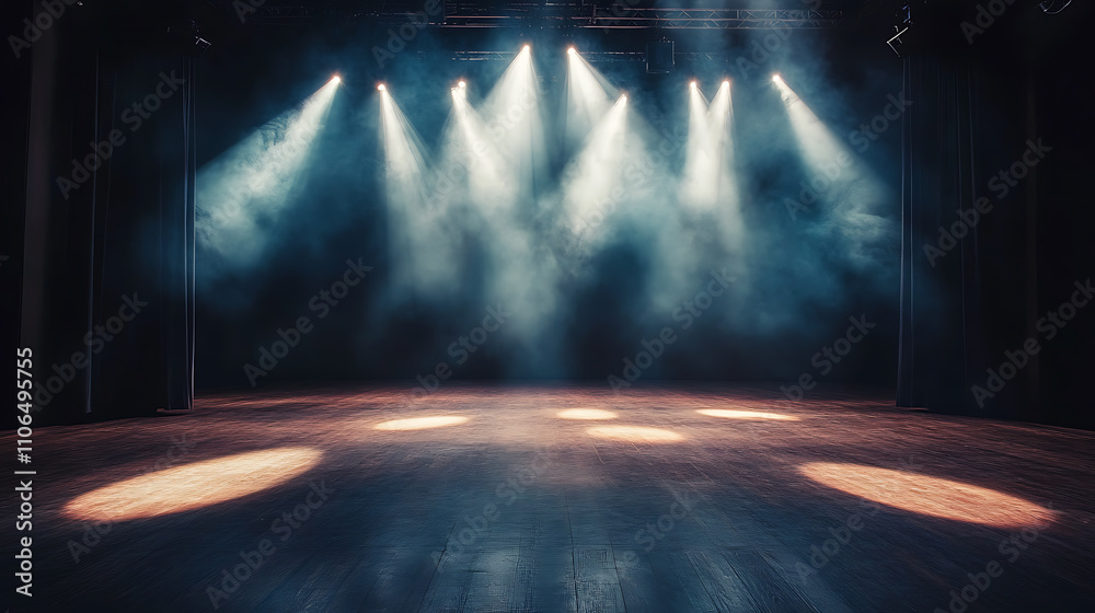Aufkleber Empty stage of a theater Illuminated by spotlights before a performance Setting the scene for an evening of entertainment and artistic expression