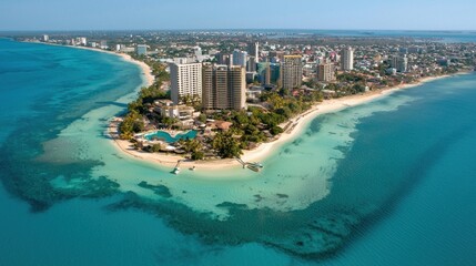 Obraz premium Scenic coastal cityscape caribbean island aerial photography tropical paradise vibrant viewpoint serene lifestyle
