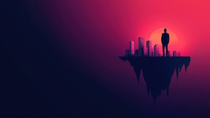 Fototapeta premium Solitary figure on floating island futuristic cityscape digital art dusk dramatic perspective isolation theme