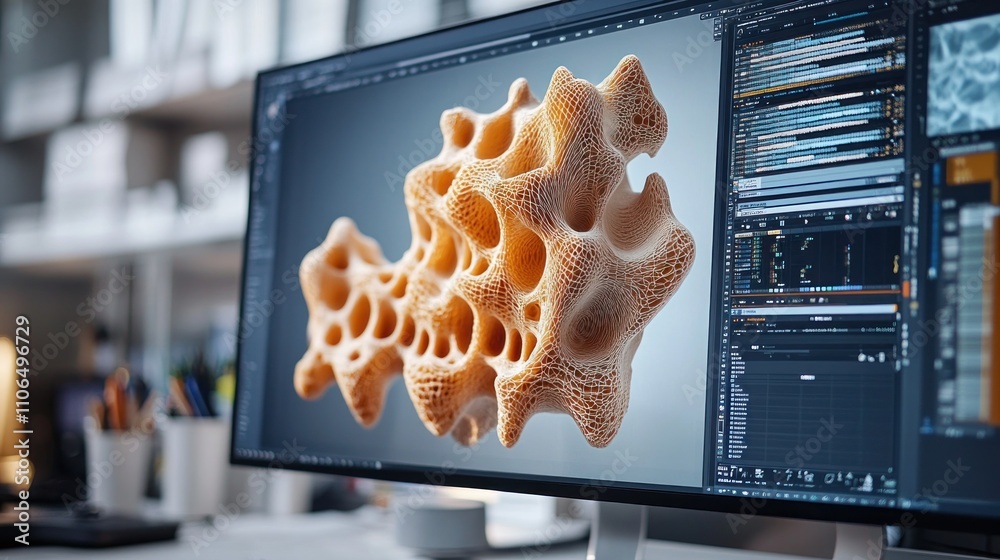 Fototapete a computer screen displays a 3d rendering of a complex, organic structure.