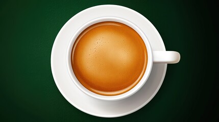 A top view of a white coffee cup with a creamy foam, placed on a dark green background, creating a serene and inviting atmosphere perfect for coffee lovers and beverage enthusiasts.