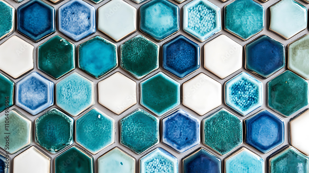 Poster an image of a tile with hexagons and blue and green designs