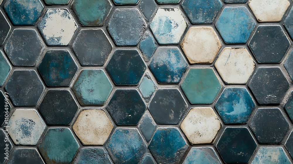 Poster an image of a tile with hexagons and blue and green designs